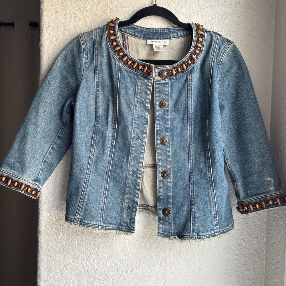 Womens Y2K PM Denim Jacket Blue Beaded Trim Frayed Hem 3/4 Sleeve‎ Distessed